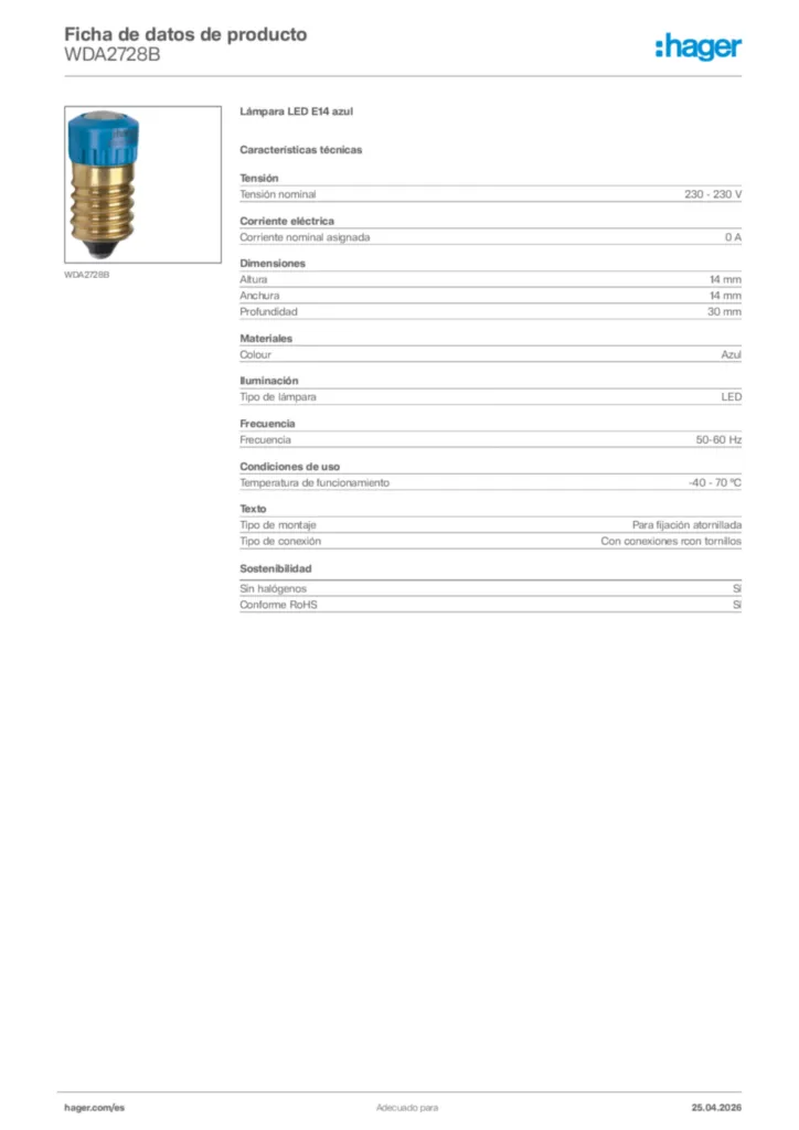 Imagen Hager Ficha de datos de producto WDA2728B | Hager España