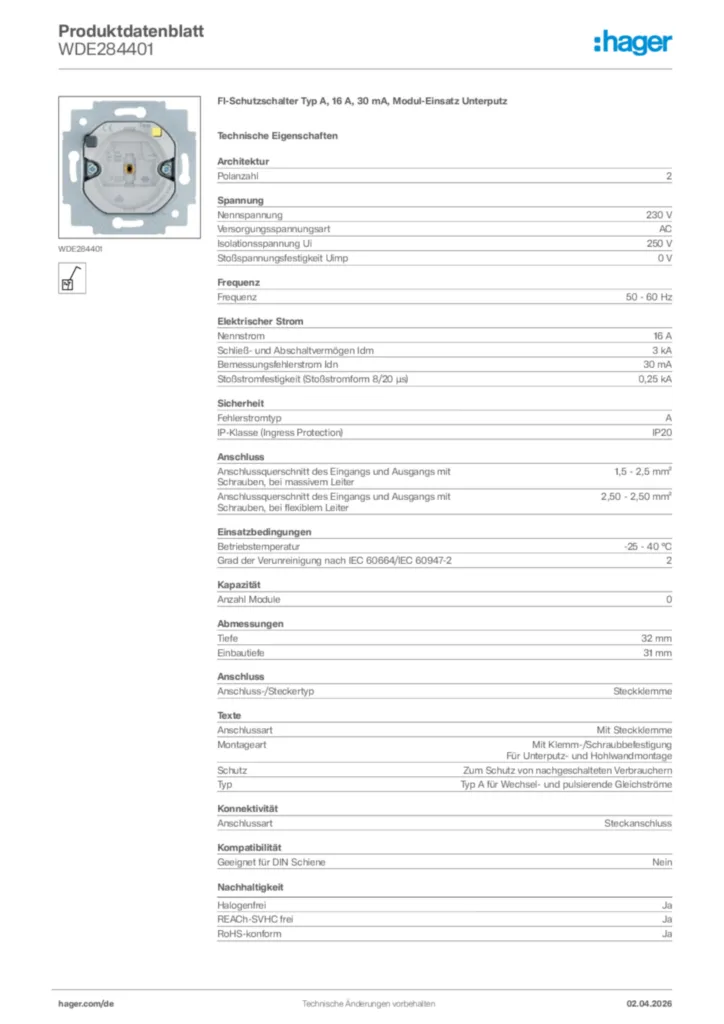 Bild Hager Produktdatenblatt WDE284401 | Hager Deutschland
