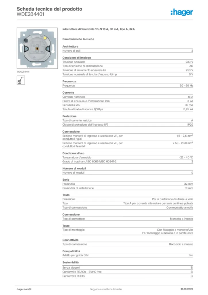 Immagine Hager Scheda tecnica del prodotto WDE284401 | Hager Italia