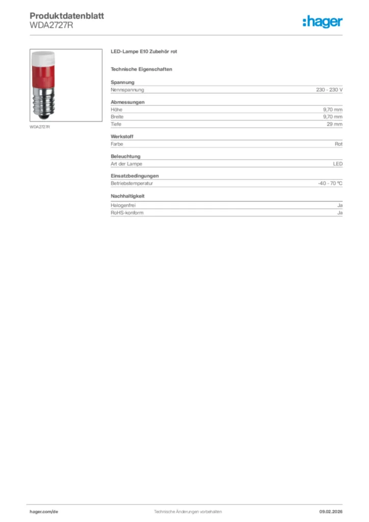 Bild Hager Produktdatenblatt WDA2727R | Hager Deutschland