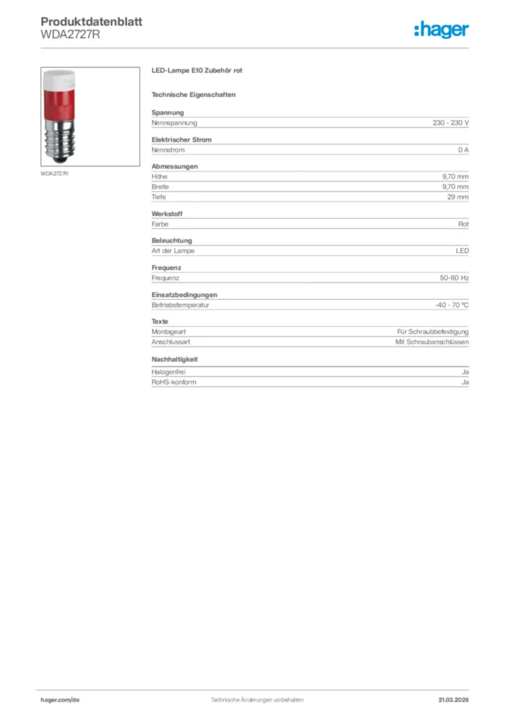 Bild Hager Produktdatenblatt WDA2727R | Hager Deutschland