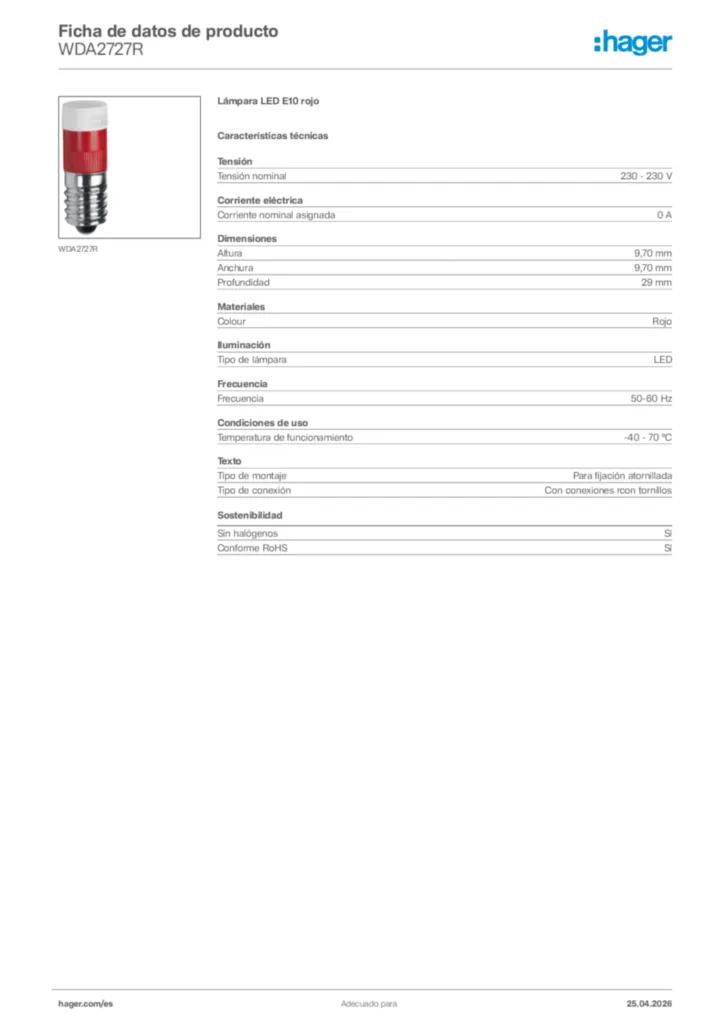 Imagen Hager Ficha de datos de producto WDA2727R | Hager España