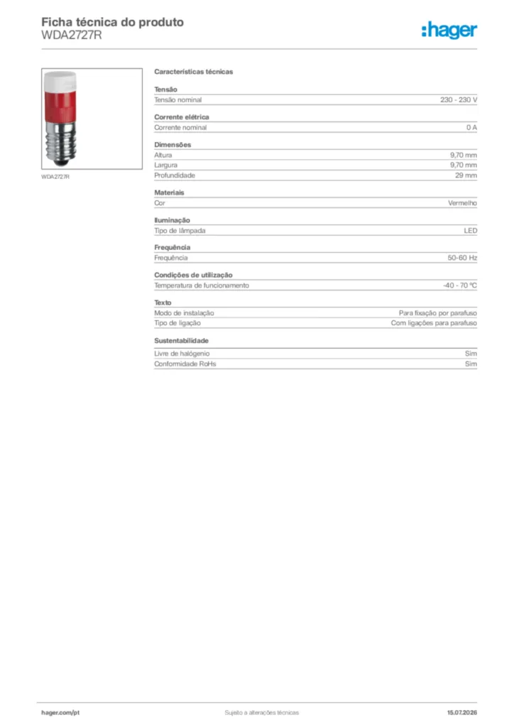 Imagem Hager Ficha técnica do produto WDA2727R | Hager Portugal