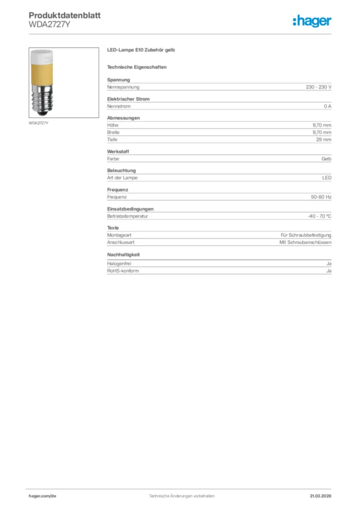 Bild Hager Produktdatenblatt WDA2727Y | Hager Deutschland