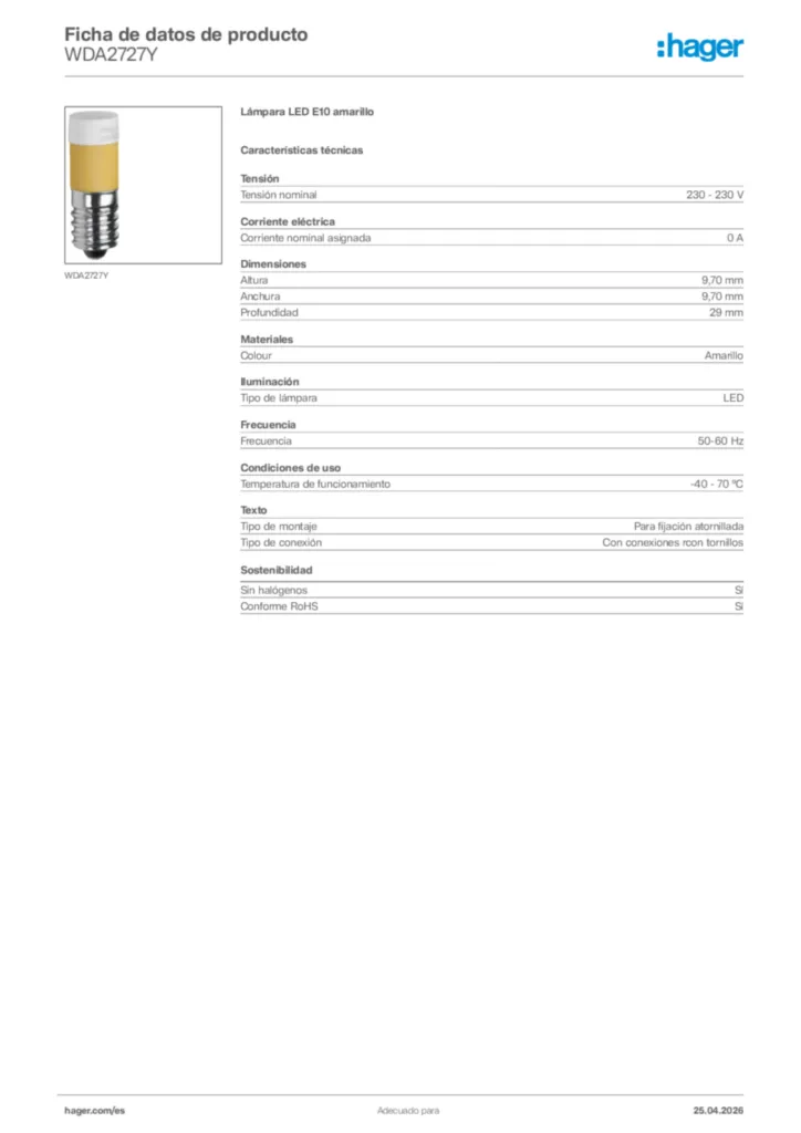 Imagen Hager Ficha de datos de producto WDA2727Y | Hager España