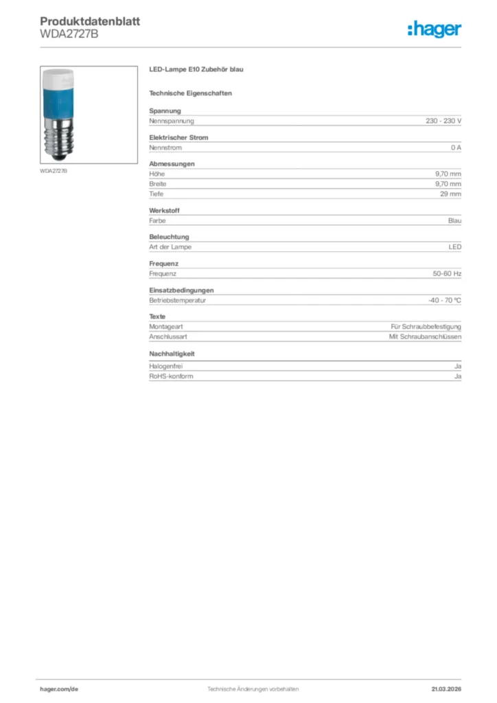Bild Hager Produktdatenblatt WDA2727B | Hager Deutschland
