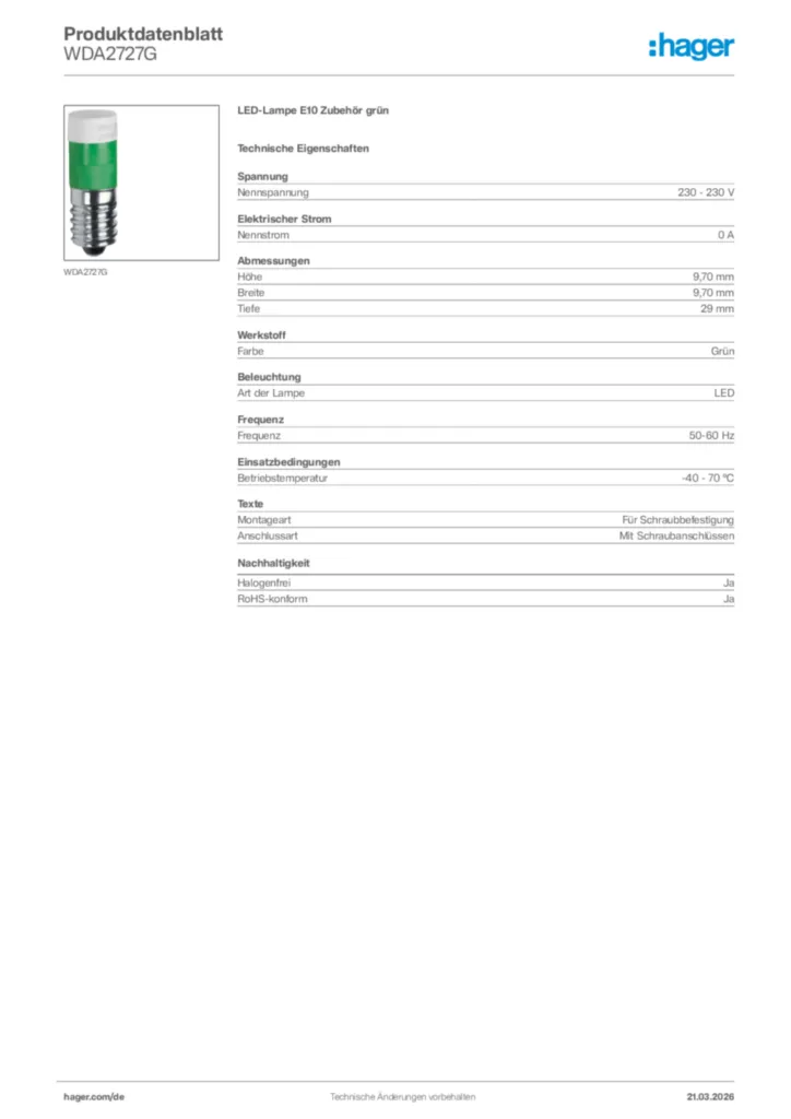Bild Hager Produktdatenblatt WDA2727G | Hager Deutschland