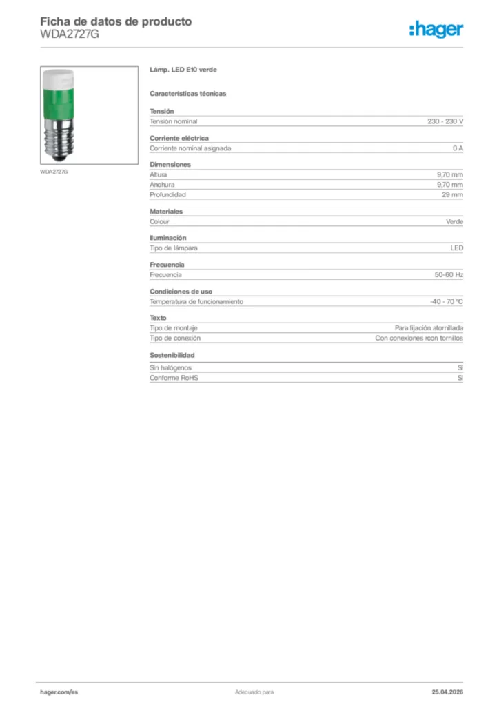 Imagen Hager Ficha de datos de producto WDA2727G | Hager España