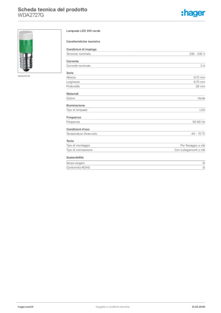 Immagine Hager Scheda tecnica del prodotto WDA2727G | Hager Italia