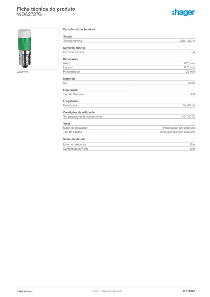 Imagem Hager Ficha técnica do produto WDA2727G | Hager Portugal