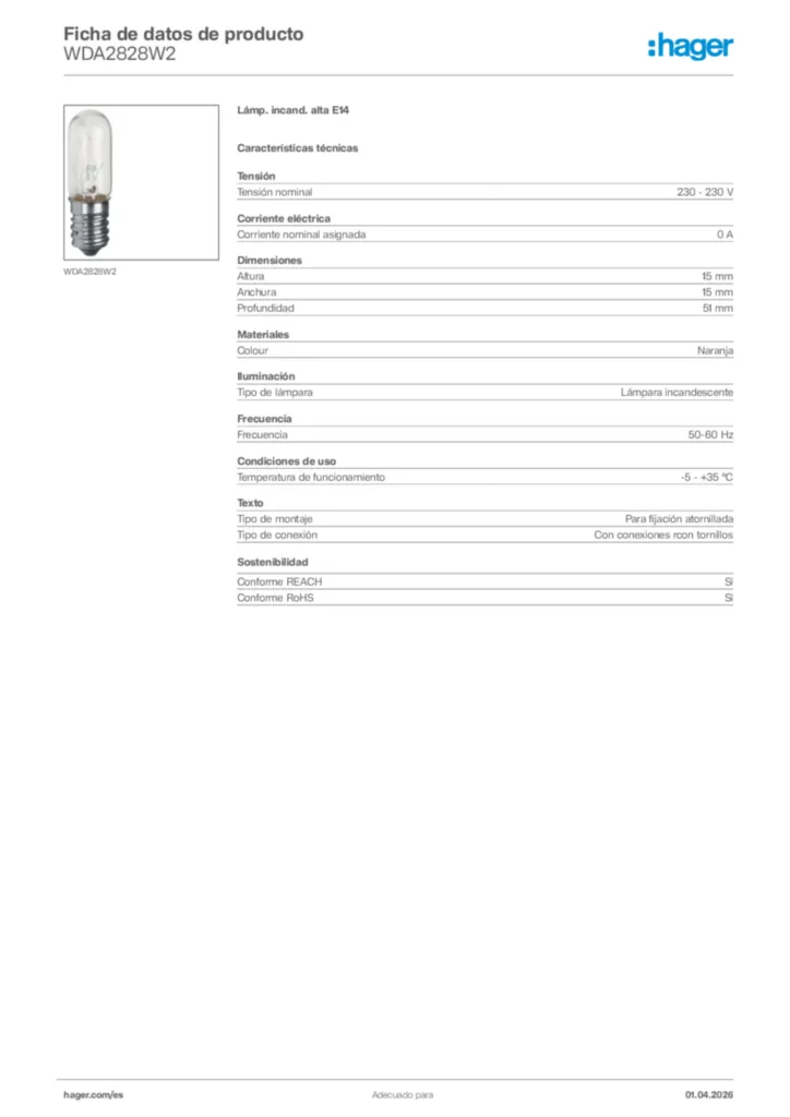 Imagen Hager Ficha de datos de producto WDA2828W2 | Hager España