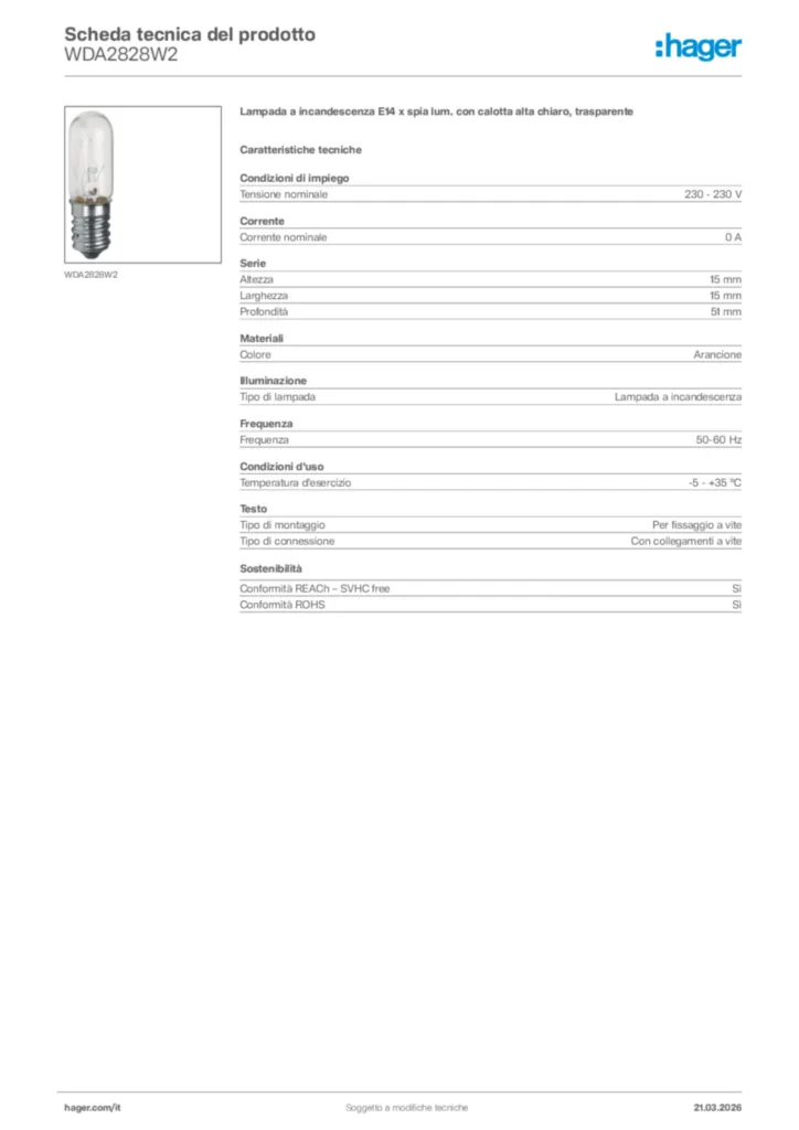 Immagine Hager Scheda tecnica del prodotto WDA2828W2 | Hager Italia