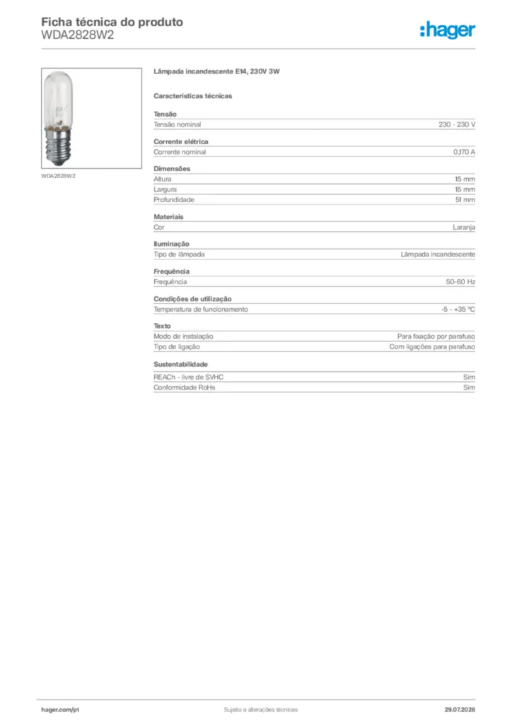 Imagem Hager Ficha técnica do produto WDA2828W2 | Hager Portugal