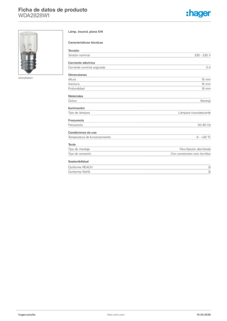 Imagen Hager Ficha de datos de producto WDA2828W1 | Hager España