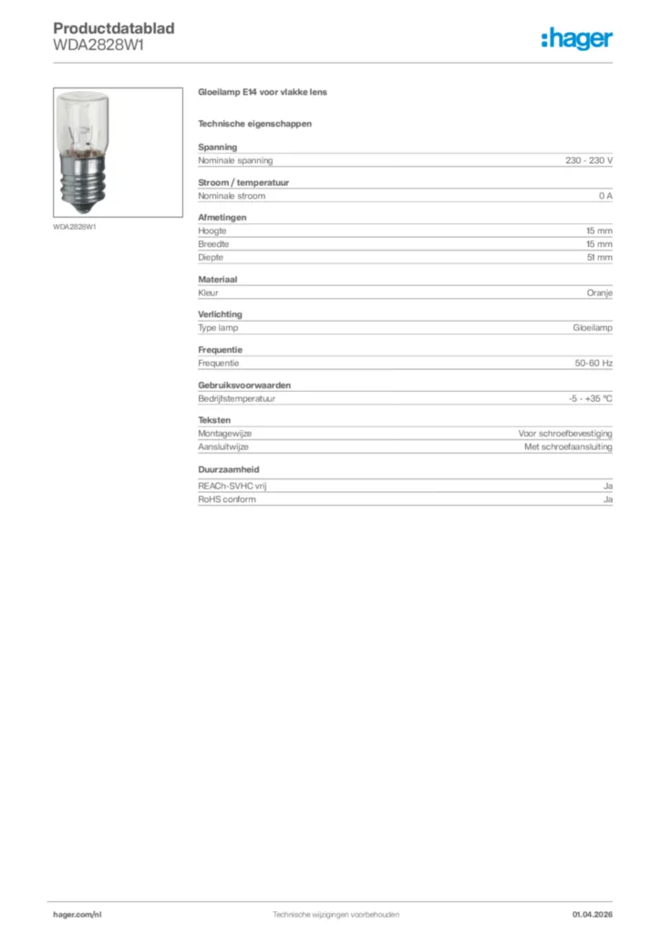 Afbeelding Hager Productdatablad WDA2828W1 | Hager Nederland