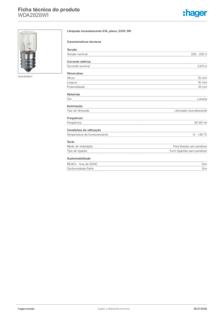 Imagem Hager Ficha técnica do produto WDA2828W1 | Hager Portugal