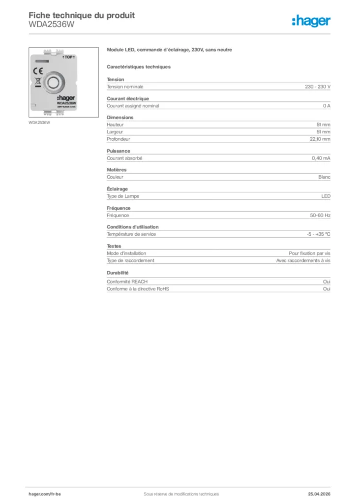 Image Hager Fiche technique du produit WDA2536W | Hager Belgique