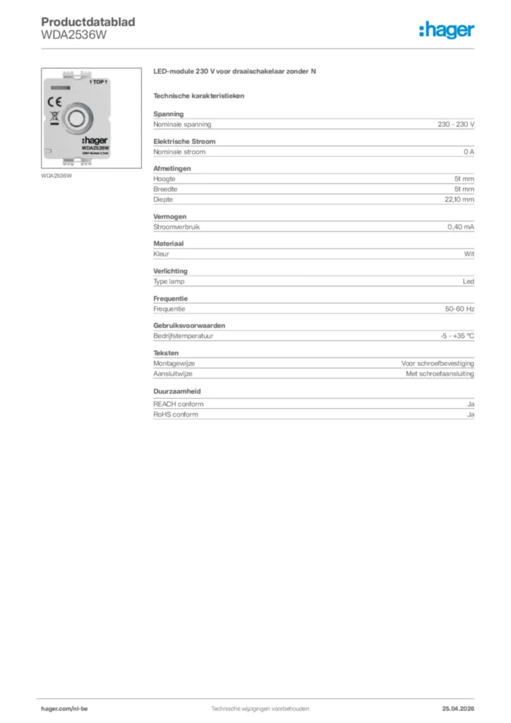 Afbeelding Hager Productdatablad WDA2536W | Hager Belgium