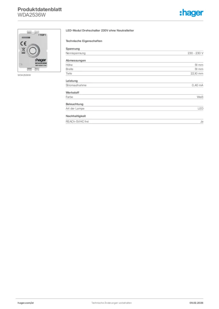 Bild Hager Produktdatenblatt WDA2536W | Hager Deutschland