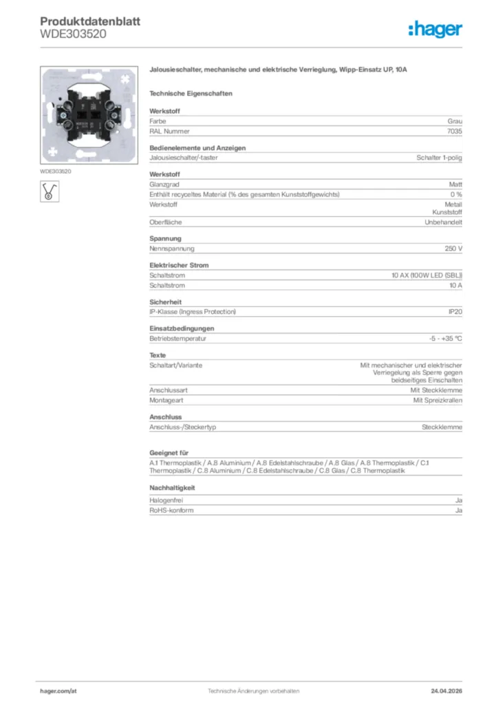 Bild Hager Produktdatenblatt WDE303520 | Hager Deutschland