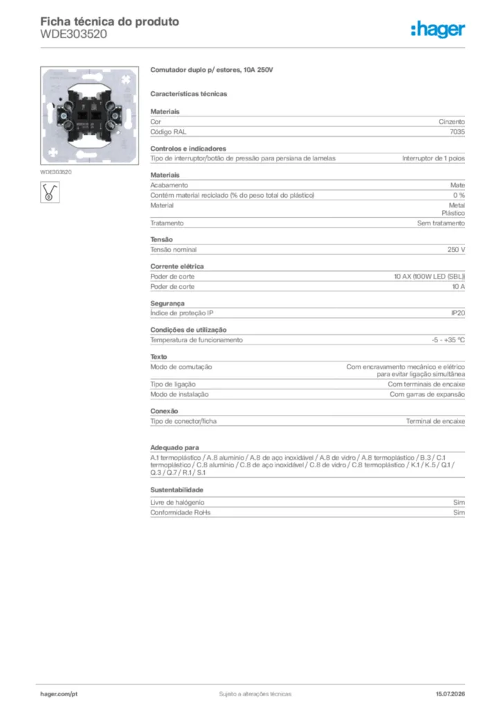 Imagem Hager Ficha técnica do produto WDE303520 | Hager Portugal