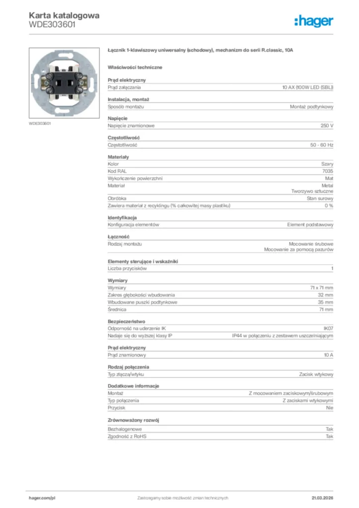 Zdjęcie Hager Karta katalogowa WDE303601 | Hager Polska