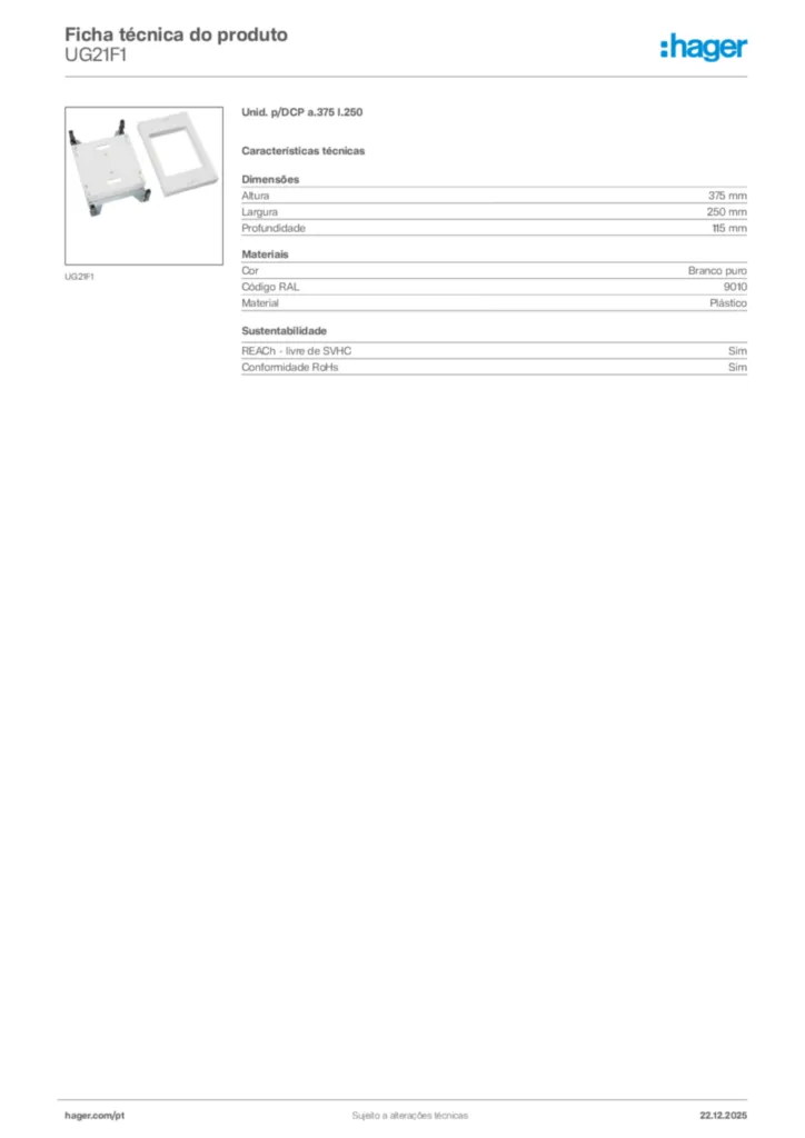 Imagem Hager Ficha técnica do produto UG21F1 | Hager Portugal