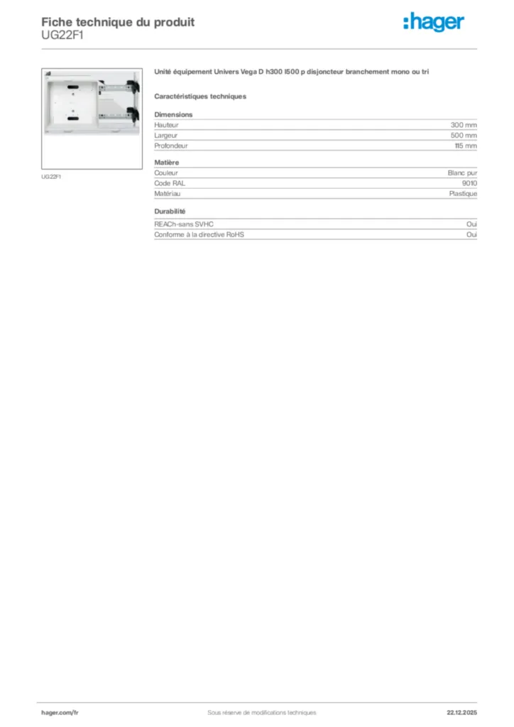 Image Hager Fiche technique du produit UG22F1 | Hager France