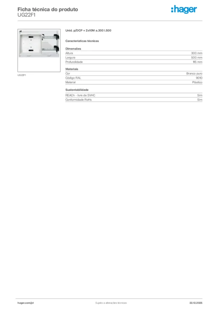 Imagem Hager Ficha técnica do produto UG22F1 | Hager Portugal