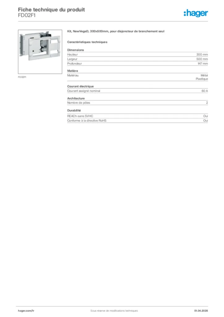 Image Hager Fiche technique du produit FD02F1 | Hager France