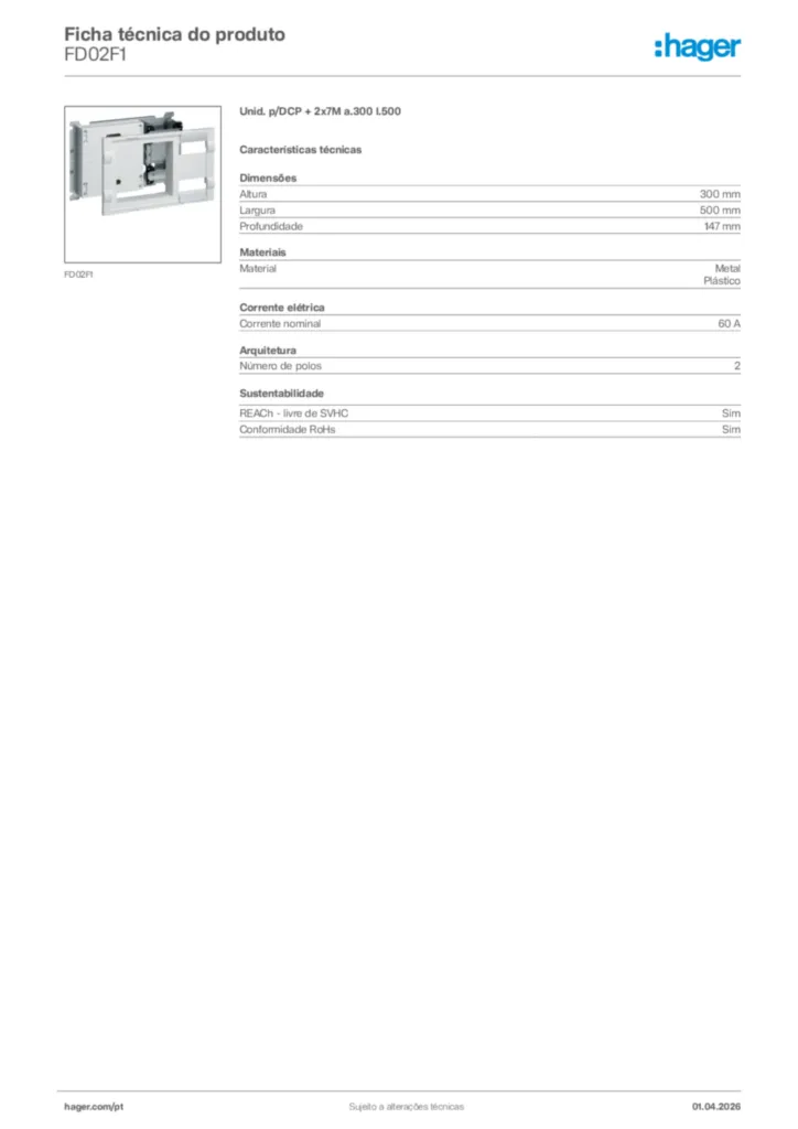 Imagem Hager Ficha técnica do produto FD02F1 | Hager Portugal