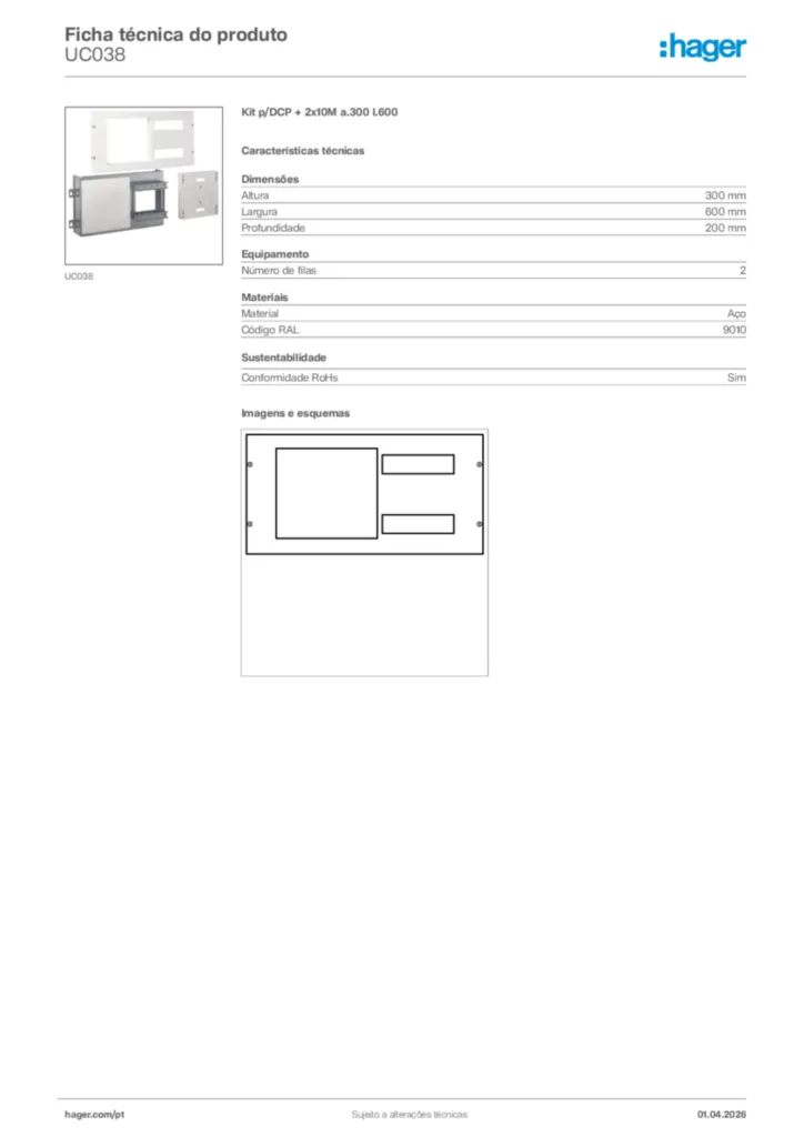 Imagem Hager Ficha técnica do produto UC038 | Hager Portugal