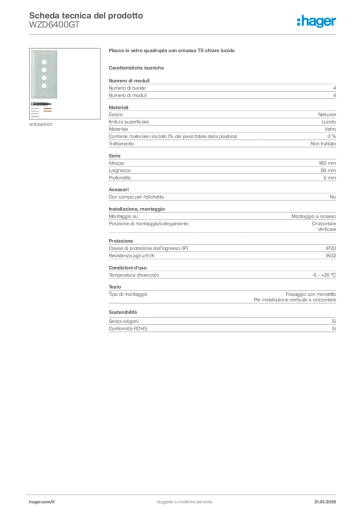 Immagine Hager Scheda tecnica del prodotto WZD6400GT | Hager Italia