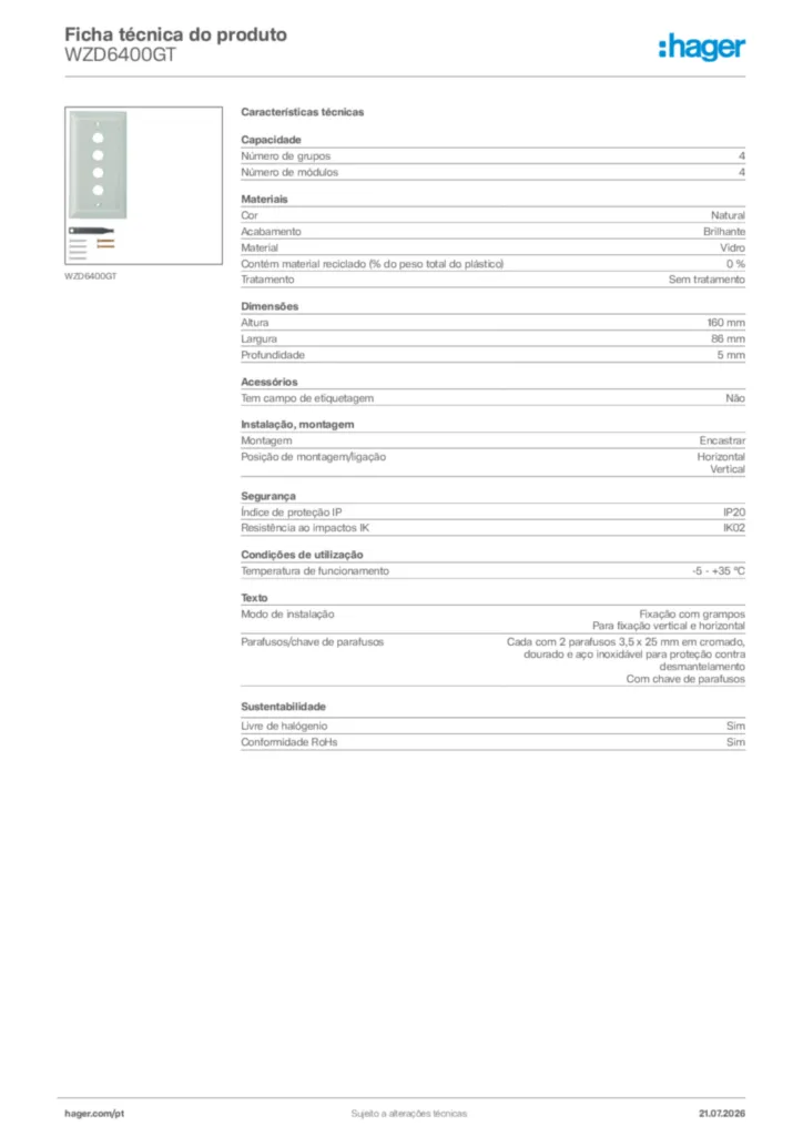 Imagem Hager Ficha técnica do produto WZD6400GT | Hager Portugal