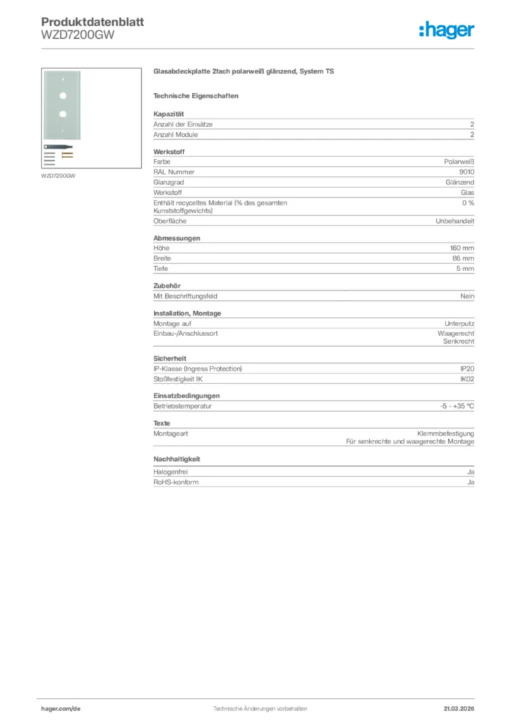 Bild Hager Produktdatenblatt WZD7200GW | Hager Deutschland