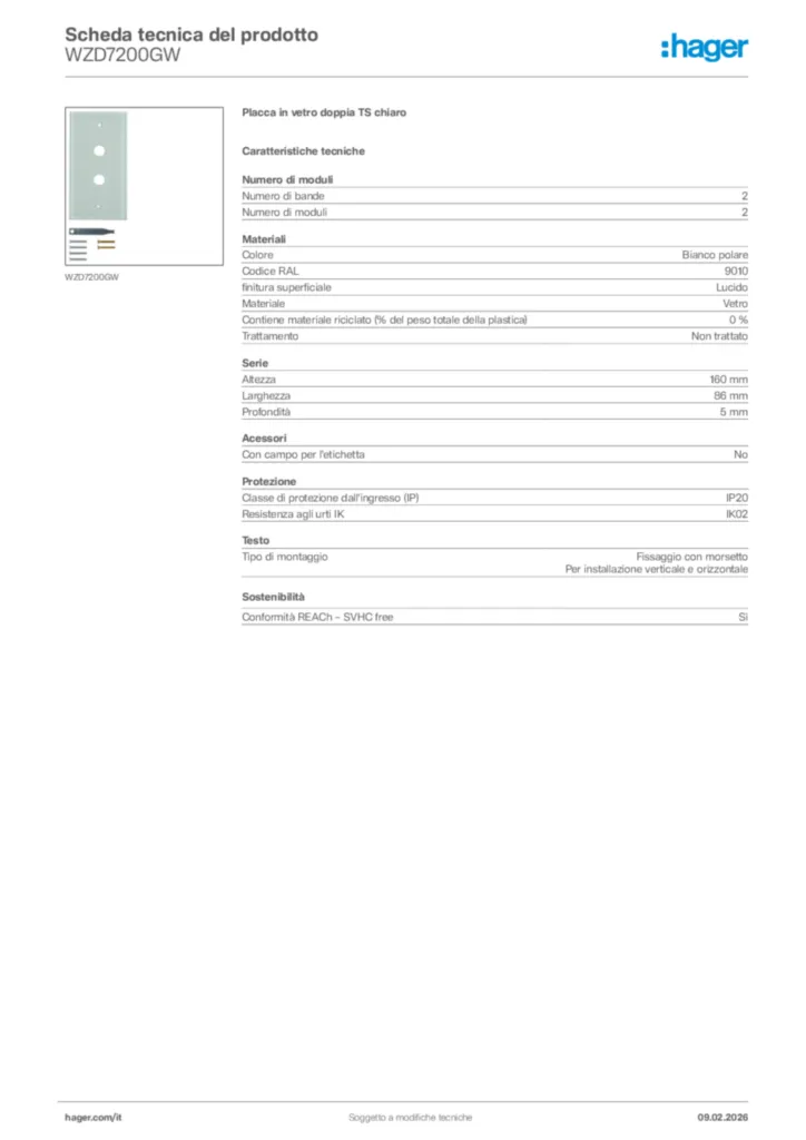 Immagine Hager Scheda tecnica del prodotto WZD7200GW | Hager Italia