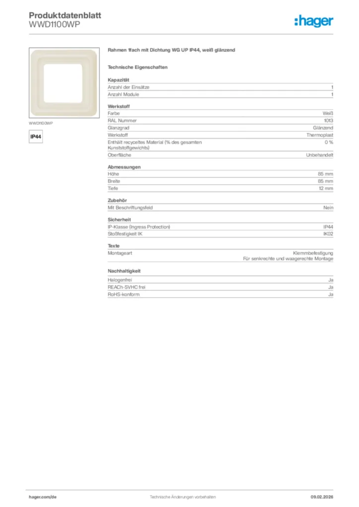 Bild Hager Produktdatenblatt WWD1100WP | Hager Deutschland