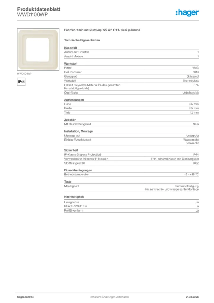 Bild Hager Produktdatenblatt WWD1100WP | Hager Deutschland