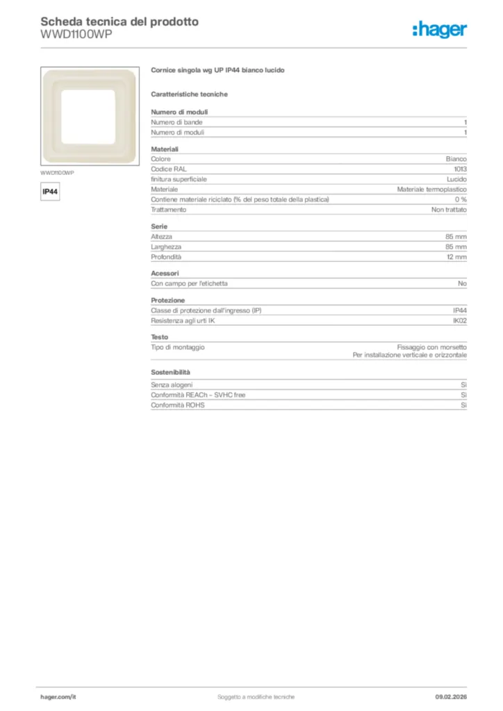 Immagine Hager Scheda tecnica del prodotto WWD1100WP | Hager Italia