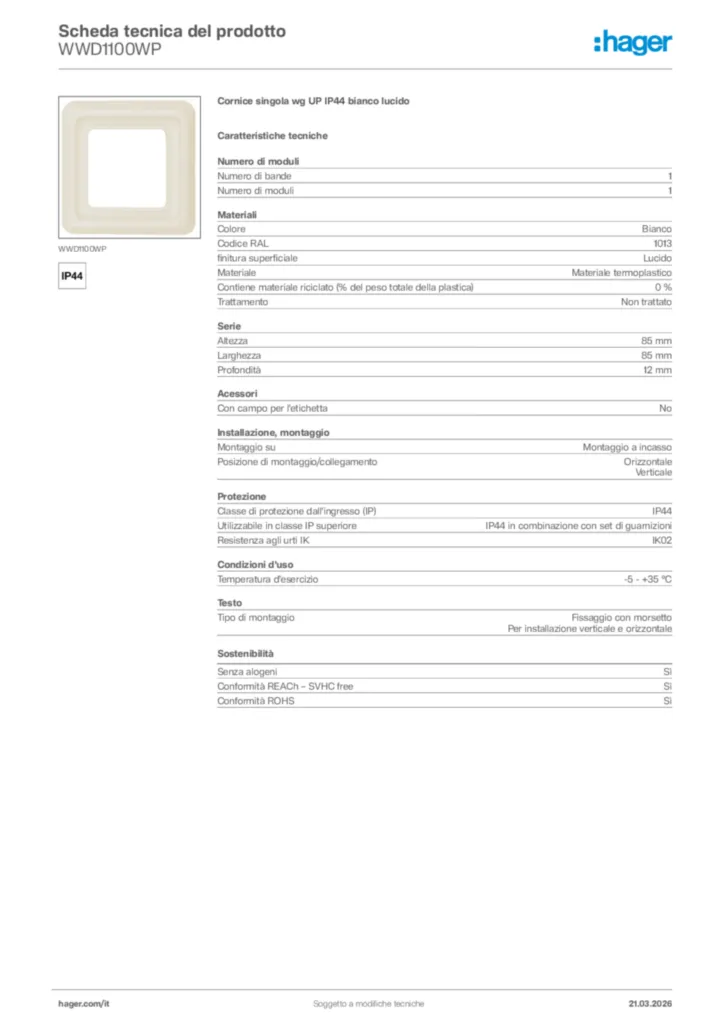 Immagine Hager Scheda tecnica del prodotto WWD1100WP | Hager Italia