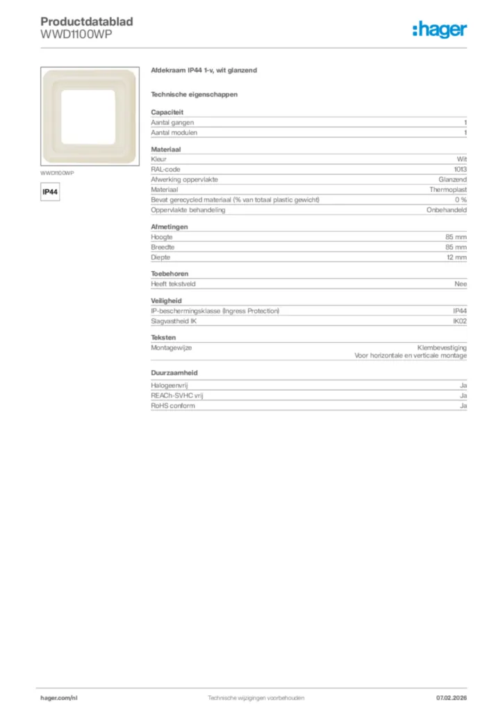 Afbeelding Hager Productdatablad WWD1100WP | Hager Nederland