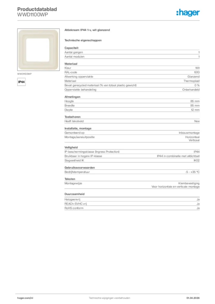 Afbeelding Hager Productdatablad WWD1100WP | Hager Nederland