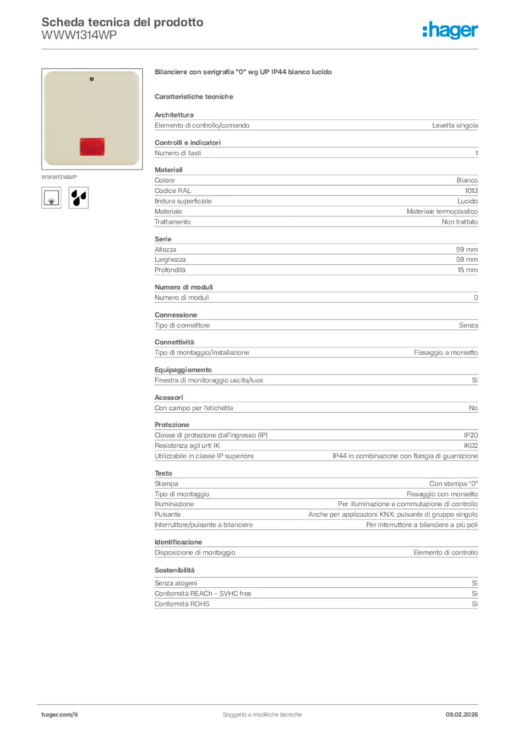 Immagine Hager Scheda tecnica del prodotto WWW1314WP | Hager Italia