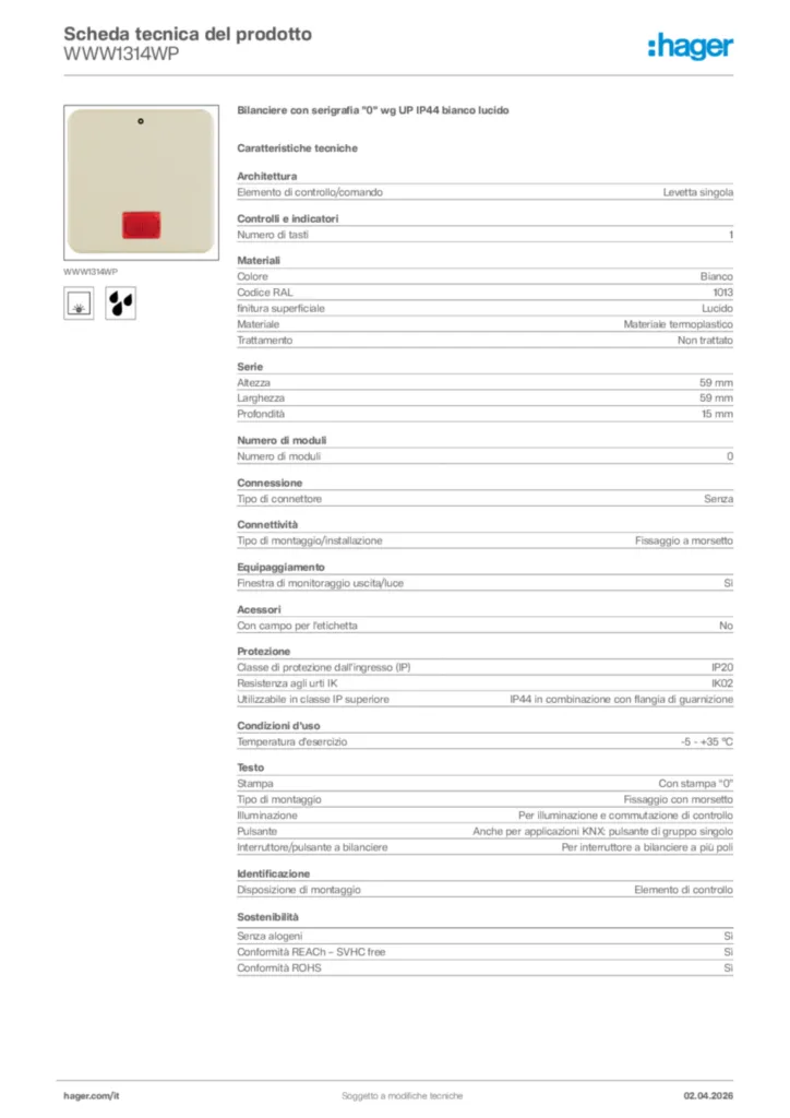 Immagine Hager Scheda tecnica del prodotto WWW1314WP | Hager Italia