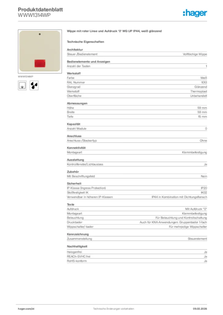 Bild Hager Produktdatenblatt WWW1314WP | Hager Deutschland