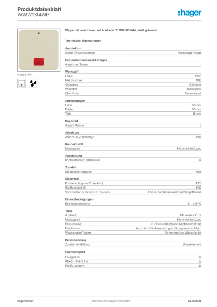 Bild Hager Produktdatenblatt WWW1314WP | Hager Deutschland