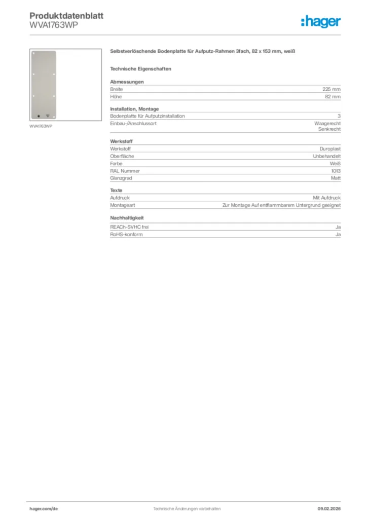 Bild Hager Produktdatenblatt WVA1763WP | Hager Deutschland