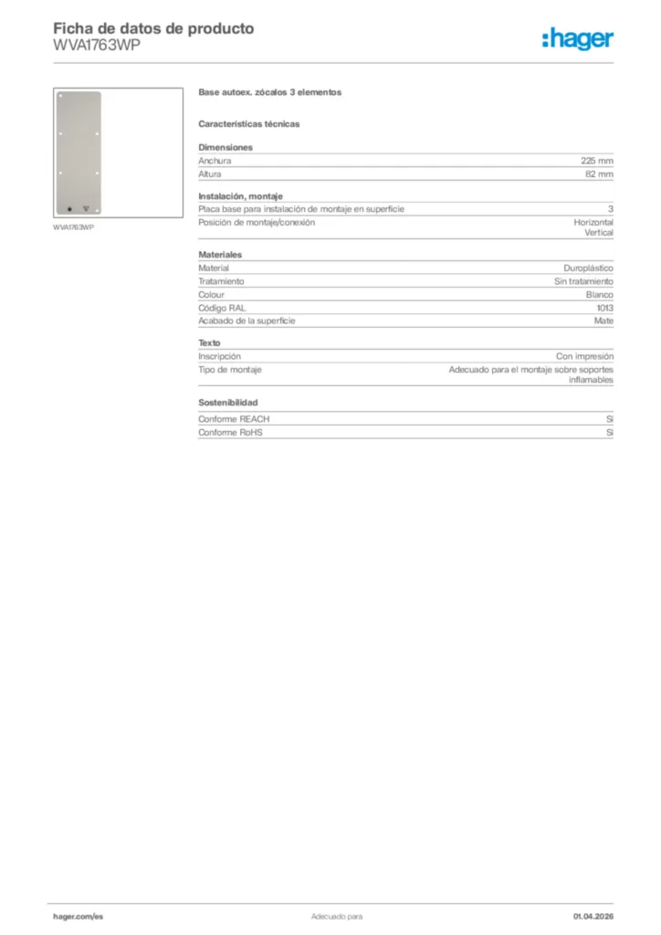 Imagen Hager Ficha de datos de producto WVA1763WP | Hager España