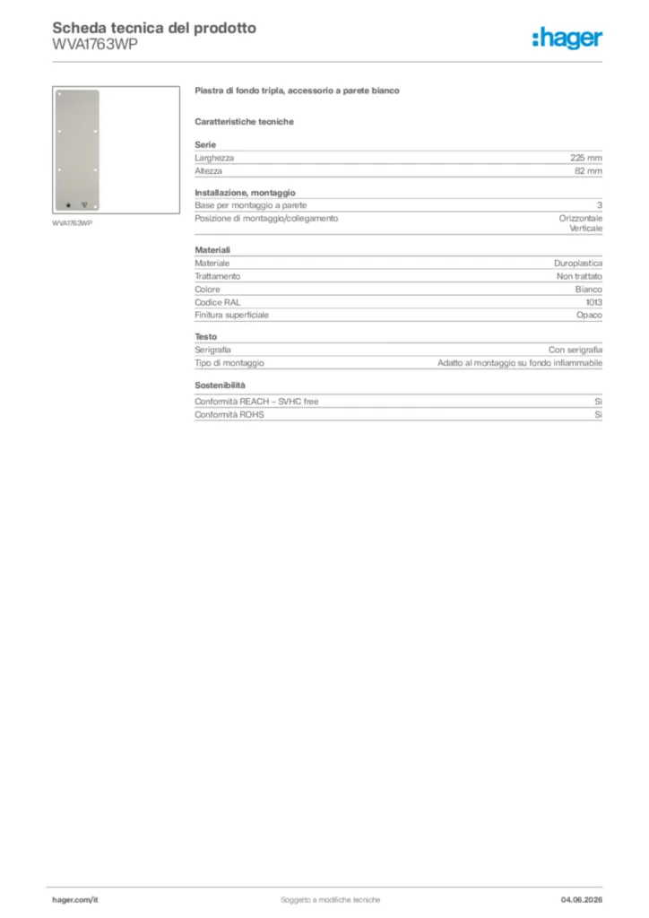 Immagine Hager Scheda tecnica del prodotto WVA1763WP | Hager Italia