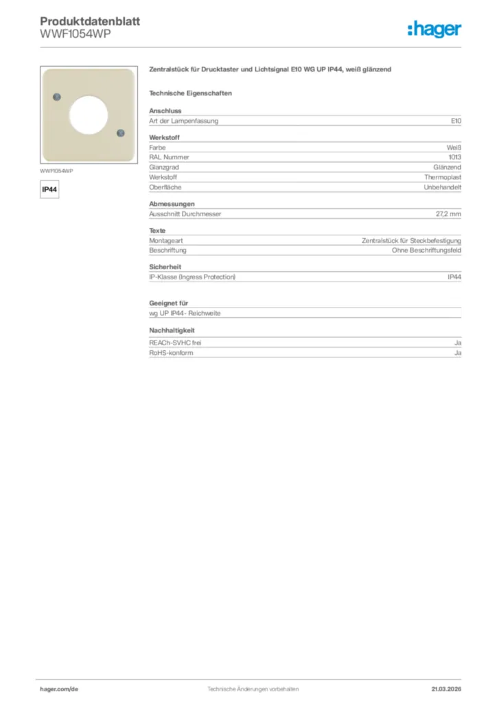 Bild Hager Produktdatenblatt WWF1054WP | Hager Deutschland